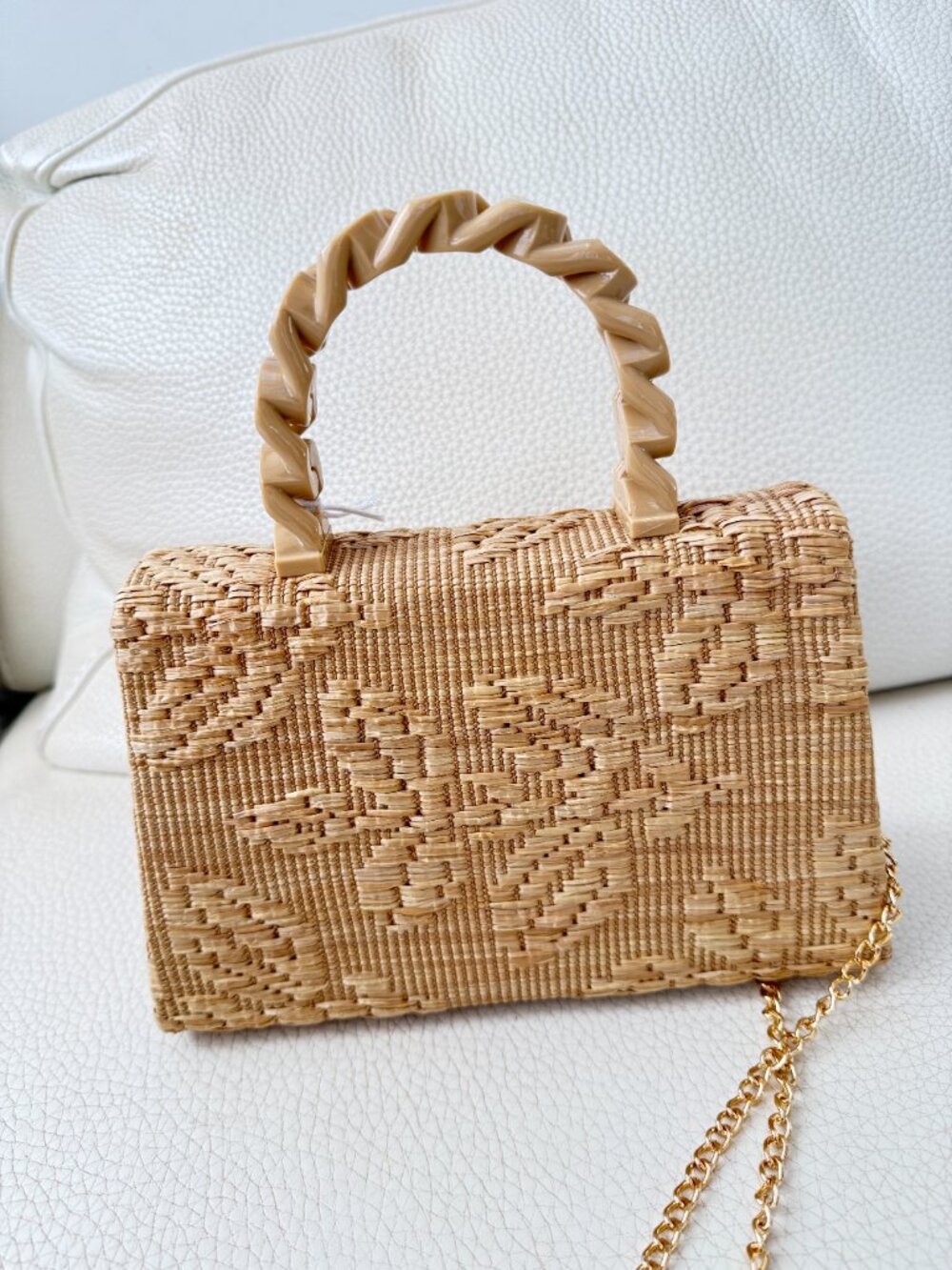 HAUTE HIPPIE WOVEN STRAW CROSSBODY BAG SATCHEL NATURAL ACRYLIC CHAIN - Picture 3 of 5